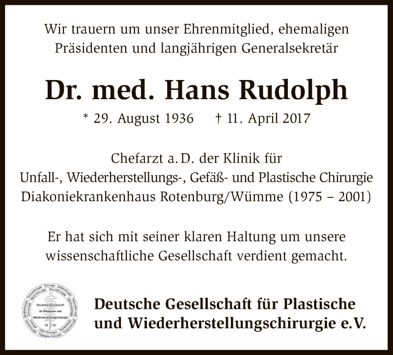  Traueranzeige für Hans Rudolph vom 22.04.2017 aus SYK