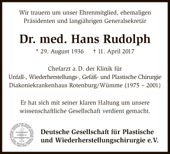 Traueranzeige von Hans Rudolph von SYK