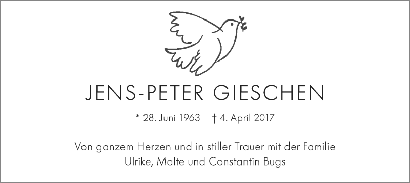  Traueranzeige für Jens-Peter Gieschen vom 06.04.2017 aus SYK