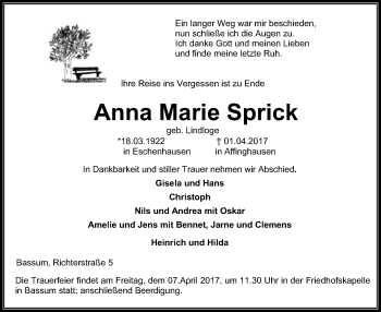 Traueranzeige von Anna Marie Sprick von SYK