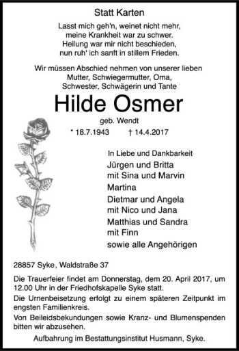 Traueranzeige von Hilde Osmer
