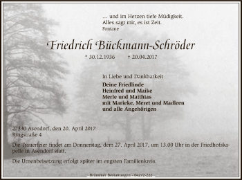 Traueranzeige von Friedrich Bückmann-Schröder von SYK