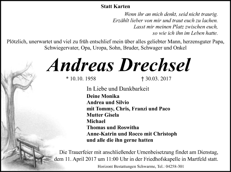 Traueranzeige für Andreas Drechsel vom 04.04.2017 aus SYK