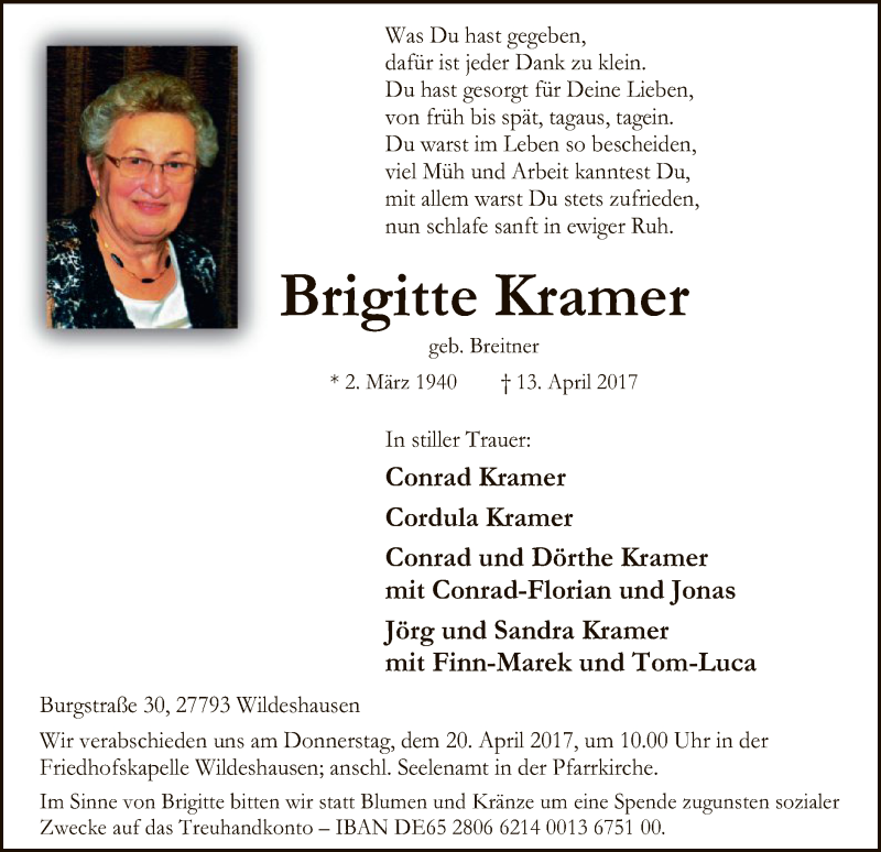  Traueranzeige für Brigitte Kramer vom 15.04.2017 aus SYK