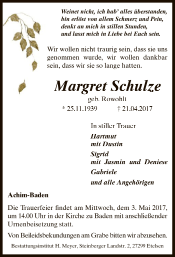 Traueranzeige von Margret Schulze von SYK