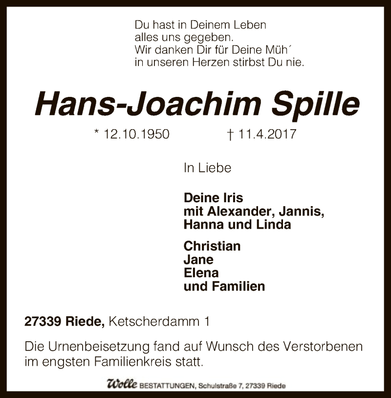 Traueranzeige für Hans-Joachim Spille vom 22.04.2017 aus SYK
