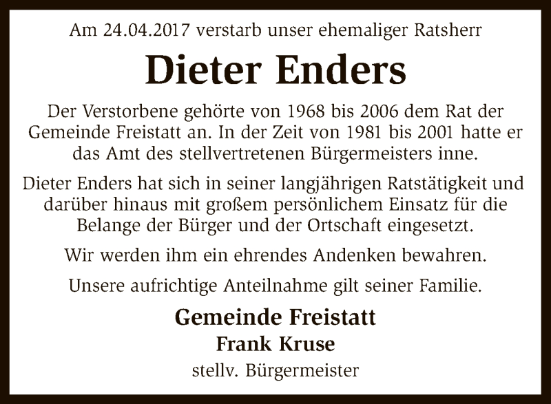  Traueranzeige für Dieter Enders vom 28.04.2017 aus SYK