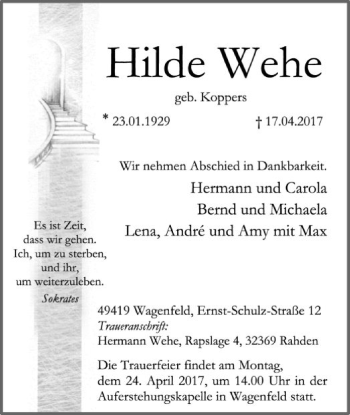 Traueranzeige von Hilde Wehe von SYK