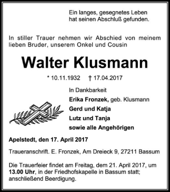 Traueranzeige von Walter Klusmann von SYK