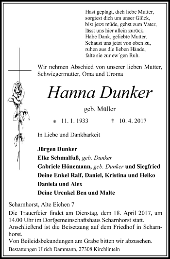 Traueranzeige von Hanna Dunker von SYK