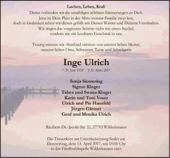 Traueranzeige von Inge Ulrich von SYK