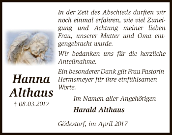 Traueranzeige von Hanna Althaus von SYK