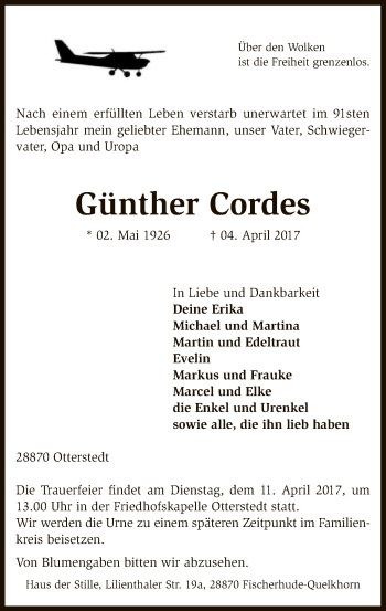 Traueranzeige von Günther Cordes von SYK