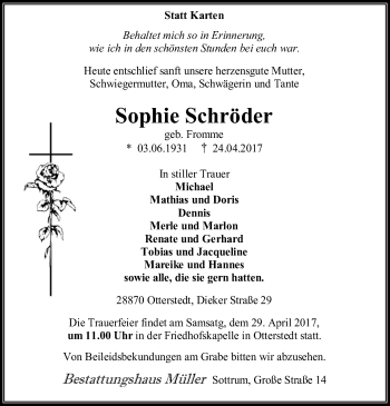 Traueranzeige von Sophie Schröder von SYK