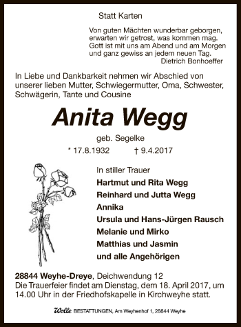 Traueranzeige von Anita Wegg von SYK