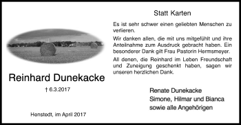 Traueranzeige von Reinhad Dunekacke von SYK