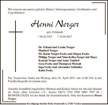 Traueranzeige von Henni Nerger von SYK