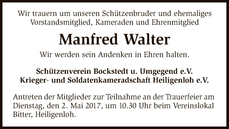  Traueranzeige für Manfred Walter vom 27.04.2017 aus SYK