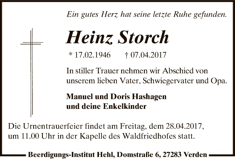 Traueranzeige für Heinz Storch vom 26.04.2017 aus SYK