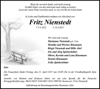 Traueranzeige von Fritz Nienstedt