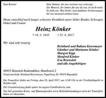 Traueranzeige von Heinz Könker von SYK