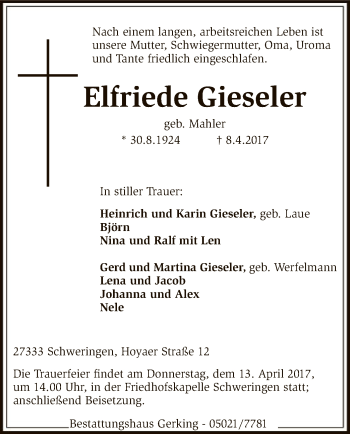 Traueranzeige von Elfriede Gieseler von SYK