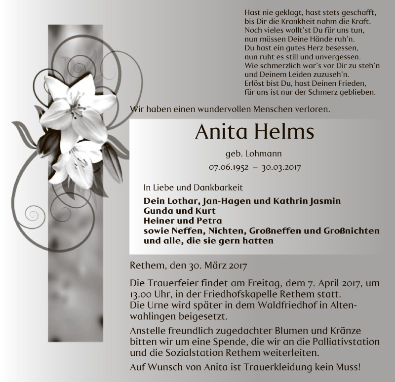  Traueranzeige für Anita Helms vom 04.04.2017 aus SYK