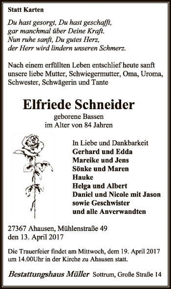 Traueranzeige von Elfriede Schneider von SYK