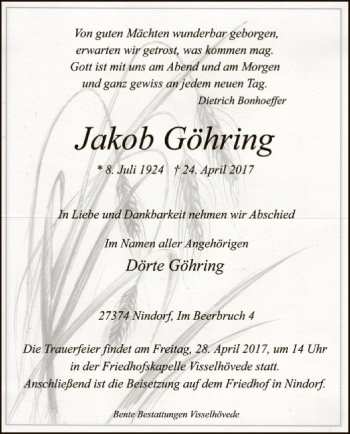 Traueranzeige von Jakob Göhring von SYK