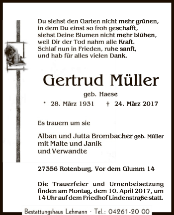 Traueranzeige von Gertrud Müller von SYK