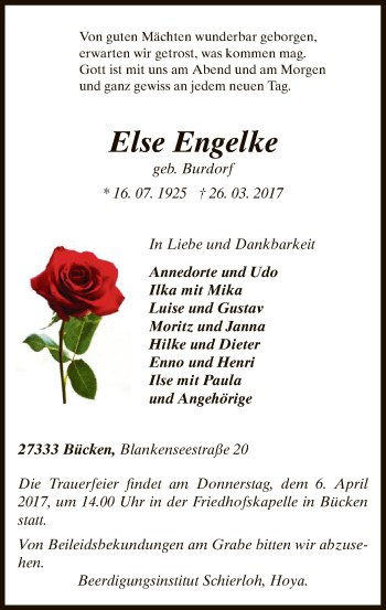 Traueranzeige von Else Engelke von SYK