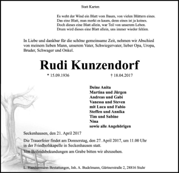 Traueranzeige von Rudi Kunzendorf von SYK