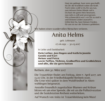 Traueranzeige von Anita Helms von SYK