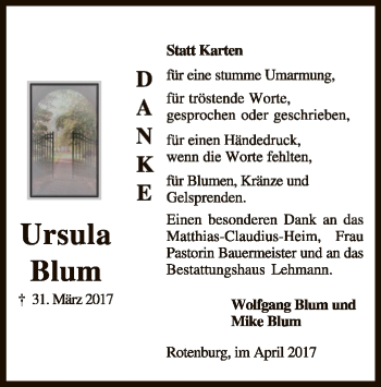 Traueranzeige von Ursula Blum von SYK
