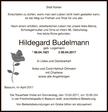 Traueranzeige von Hildegard Budelmann von SYK