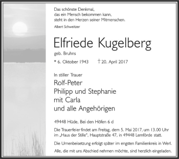 Traueranzeige von Elfriede Kugelberg von SYK