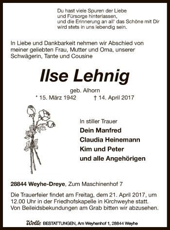 Traueranzeige von Ilse Lehnig von SYK