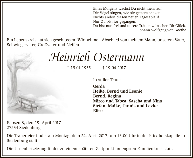  Traueranzeige für Heinrich Ostermann vom 21.04.2017 aus SYK