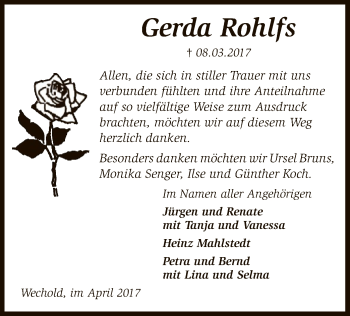 Traueranzeige von Gerda Rohlfs von SYK