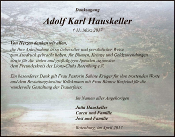 Traueranzeige von Adolf Karl Hauskeller von SYK