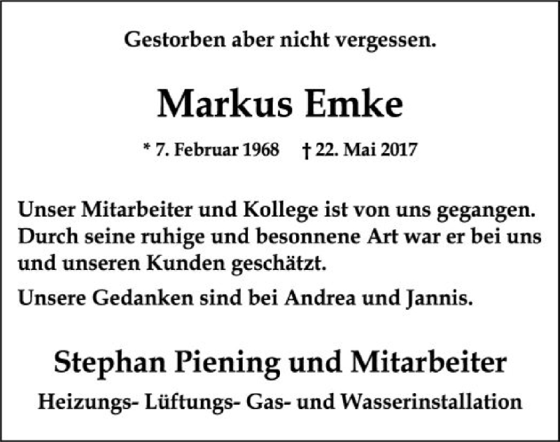  Traueranzeige für Markus Emke vom 26.05.2017 aus SYK