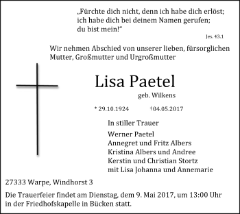 Traueranzeige von Lisa Paetel von SYK