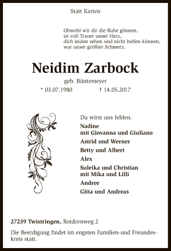 Traueranzeige von Neidim Zarbock von SYK