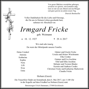 Traueranzeige von Irmgard Fricke von SYK