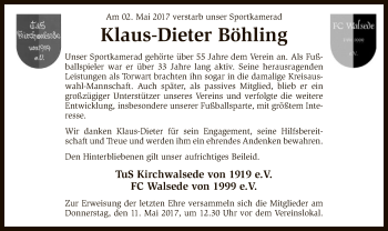 Traueranzeige von Klaus-Dieter Böhling von SYK