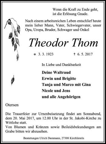 Traueranzeige von Theodor Thom von SYK