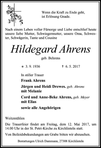 Traueranzeige von Hildegard Ahrens von SYK