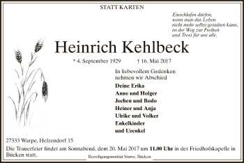 Traueranzeige von Heinrich Kehlbeck von SYK