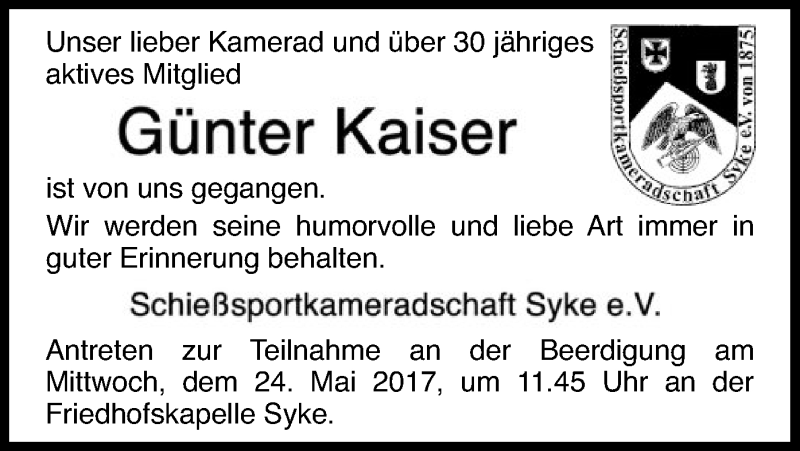  Traueranzeige für Günter Kaiser vom 20.05.2017 aus SYK
