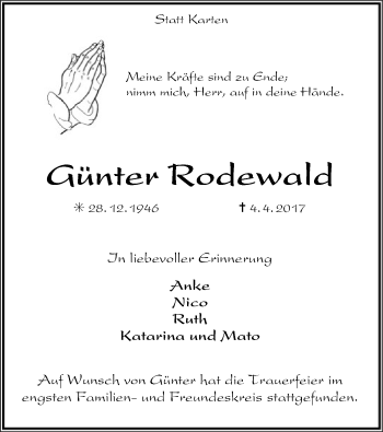 Traueranzeige von Günter Rodewald von SYK